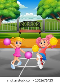 Funny Cheerleaders dancing on the court