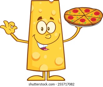 Funny Cheese Cartoon Character Holding A Pizza. Vector Illustration Isolated On White