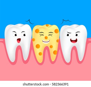 Funny cheese cartoon tooth character. Dental care concept, illustration