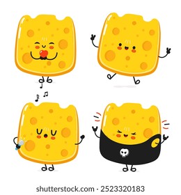 Funny Cheese characters bundle set. Vector hand drawn doodle style cartoon character illustration icon design. Cute Cheese mascot character collection