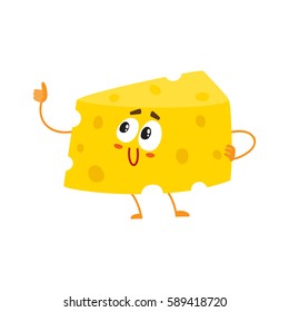 Funny cheese chunk character showing thumb up, good quality concept, cartoon vector illustration isolated on white background. Funny cheese piece character, mascot with human face giving thumb up