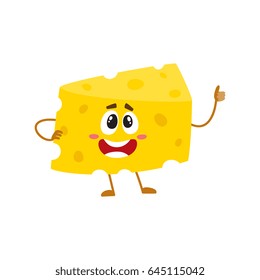 Funny cheese chunk character showing thumb up, good quality concept, cartoon vector illustration isolated on white background.  