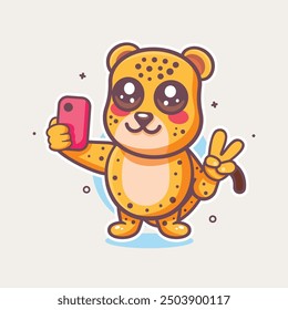 funny cheetah animal character mascot taking a selfie with a smartphone isolated cartoon