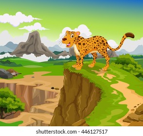 funny cheetah cartoon with beauty mountain landscape background