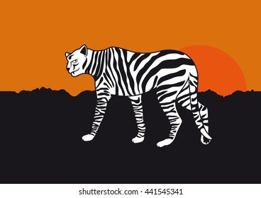 Funny Cheetah Cartoon. Black-and-white stripes. Feline dressed as a zebra