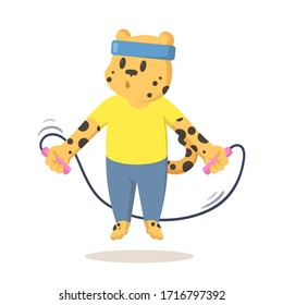 Funny cheetah jumping over skipping rope, cartoon character. Colorful flat vector illustration, isolated on white background.