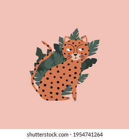 Funny cheetah and jungle leaves. Wild spotted cat. African animals vector illustration.