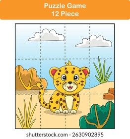 Funny cheetah. Puzzle games for kids. 12 piece. Child education. Vector illustration