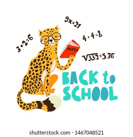 Funny cheetah study math. Vector animal illustration for kids. Baxk to school concept. Cute print design for t-shirt.
