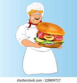 Funny Chef and best big traditional hamburger.Vector