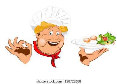 Funny Chef and best vegetarian vegetable fresh salad with scrambled eggs