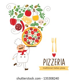 Funny chef with a big pizza and ingredients, vector illustration