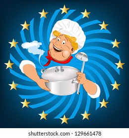 Funny Chef and big saucepan with spoon.Emblem healthy food.Vector
