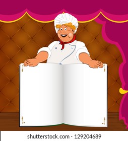 Funny Chef and book menu for Gourmet in interior restaurant.Vector