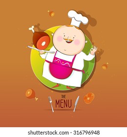 Funny chef carries a tray of ham