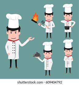 Funny chef cartoon characters in various poses with cookware, cooking cartoon chef collection vector illustration.