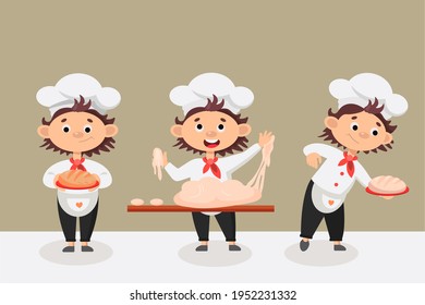 Funny chef character in different poses. The cook prepares food in an apron. Vector illustration in cartoon style.