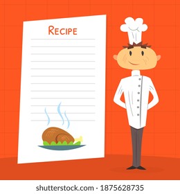 Funny Chef Cook Character Holding Blank Recipe, Book of Recipes Page Cartoon Vector Illustration