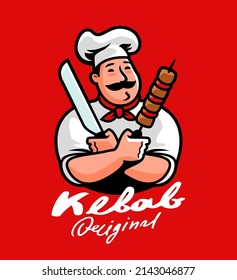 Funny Chef cooking kebab cartoon character. Arabic cuisine logo. Fast food menu emblem