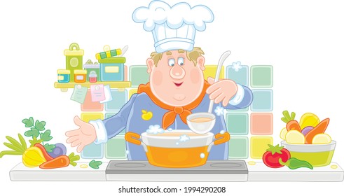 Funny chef cooking an original tasty soup with fresh vegetables and spices in his cozy kitchen, vector cartoon illustration isolated on a white background