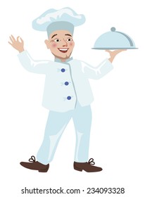 Funny chef with cooking pot on a white background