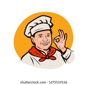 Funny chef. Cooking, restaurant menu logo or label. Vector illustration