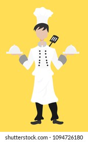 Funny chef, cute character. Vector cartoon illustration. serving the dish. 