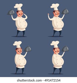 Funny chef, cute character. Vector cartoon illustration. serving the dish. Fat man in hat