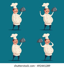 Funny Chef, Cute Character. Vector Cartoon Illustration. Serving The Dish. Fat Man In Hat