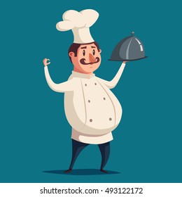 Funny chef, cute character. Vector cartoon illustration. serving the dish. Fat man in hat