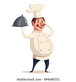 Funny chef, cute character. Vector cartoon illustration. serving the dish. Fat man in hat