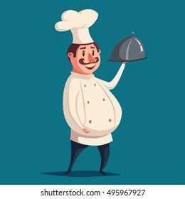 Funny chef, cute character. Vector cartoon illustration. serving the dish. Fat man in hat