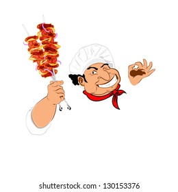 Funny Chef and delicious hot skewers of lamb.Vector