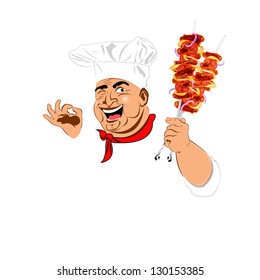 Funny Chef and delicious hot skewers of lamb.Vector