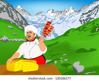 Funny Chef and delicious hot skewers of lamb with dairy cheese.Mountain landscape