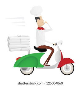 Funny chef delivering pizza on moped painted as italian flag