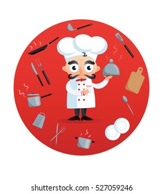 Funny chef  with the dish. Vector illustration. Kitchen utensils. Fork, knife, spoon, tray, cutting board, pan dipper, grater. Concept for bistro, cafe, catering service