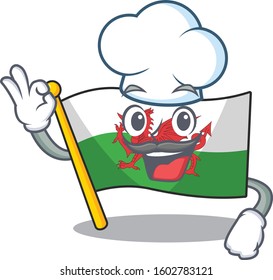 Funny Chef flag wales Scroll cartoon character wearing white hat