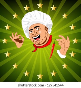 Funny Chef and fresh creative food for Gourmet. Vector