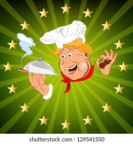 Funny Chef and fresh creative food for Gourmet. Vector