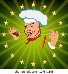 Funny Chef and fresh creative food for Gourmet. Vector