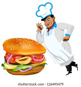Funny Chef  and  fresh hamburger on a white background.Vector