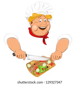 Funny Chef and fresh vegetable ingredient for vegetarian salad