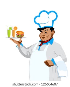 Funny Chef with hamburger and fresh fruit juice.Vector