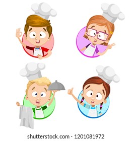 Funny chef kids in white hats and aprons icons set. Happy children cooking at kitchen avatars. Kids cooking classes advertising. Little cooks personages with kitchen utensils vector illustration