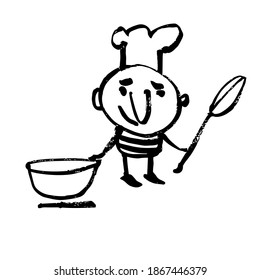 Chef divertido con cuchara y sartén. Caricatura divertida dibujada a mano. Ilustración vectorial en blanco y negro