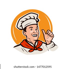 Funny chef. Menu, restaurant, food logo or label. Vector illustration