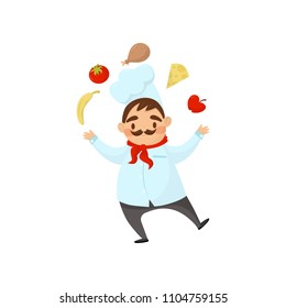 Funny chef with mustache juggles with food. Man in uniform with hat and red scarf. Flat vector element for promo poster or banner