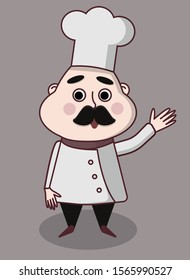 Funny chef with a mustache. Mascot character for the game. Cute vector character.