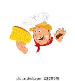 Funny Chef and Natural swiss dairy cheese.Emblem.Vector